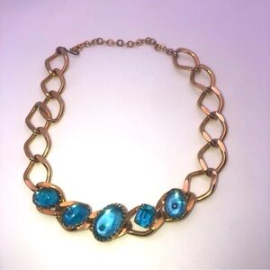 VTG Gold Tone Blue Stone Costume Choker Length Necklace 14”